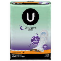 U by Kotex Maxi Pads, Overnight, Clean & Secure, 30 Each