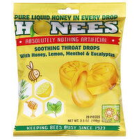 Honees Throat Drops, with Honey, Lemon, Menthol & Eucalyptus, Soothing, 20 Each