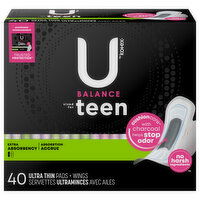 U by Kotex Balance Pads + Wings, Extra Absorbency, Ultra Thin, 40 Each