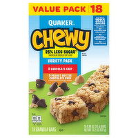 Quaker Chewy Chocolate Chip/Peanut Butter Chocolate Chip Granola Bars Value Pack Variety Pack, 18 Each