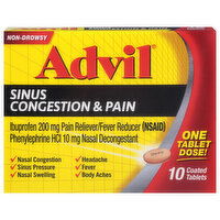 Advil Sinus Congestion & Pain, Non-Drowsy, Coated Tablets, 10 Each