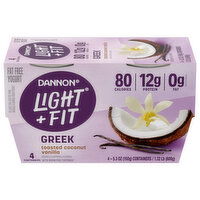 Dannon Light + Fit Yogurt, Fat Free, Toasted Coconut Vanilla, Greek, 4 Each