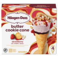 Haagen-Dazs Ice Cream Cones, Strawberry, Butter Cookie Cone, 4 Each