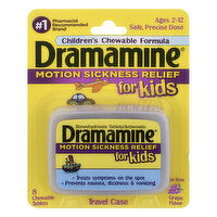 Dramamine Motion Sickness Relief, for Kids, Travel Case, Chewable Tablets, Grape Flavor, 8 Each