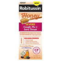 Robitussin Cough, Flu + Sore Throat, Maximum Strength, Severe, Adult, Honey, 4 Ounce