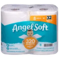 Angel Soft Bathroom Tissue, Unscented, Mega Roll, 2-Ply, 8 Each