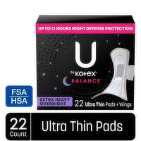 U by Kotex Balance Ultra Thin Extra Heavy Overnight Pads + Wings, 22 Each
