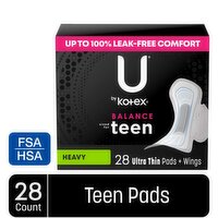 U By Kotex Balance Teen Heavy Ultra Thin Pads + Wings, 28 Each