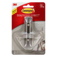 Command Double Hook, Decorative, Brushed Nickel, Large, 1 Each