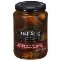 Mt Olive Majestic Picklery Pickles, Medium Heat Hot Sauce, Savory Kosher Baby Dills, Premium, 24 Fluid ounce