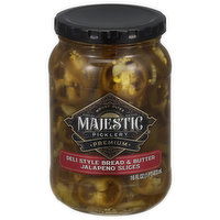 Mt Olive Majestic Picklery Pickles, Deli Style, Bread & Butter, Jalapeno Slices, Premium, 16 Fluid ounce