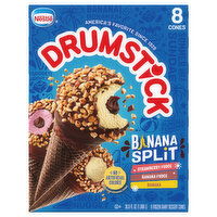 Drumstick Frozen Dairy Dessert Cones, Strawberry Fudge/Banana Fudge/Banana, Banana Split, 8 Each