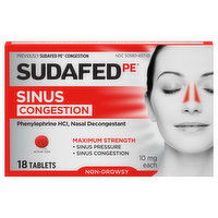 Sudafed PE Sinus Congestion, Non-Drowsy, Maximum Strength, 10 mg, Tablets, 18 Each