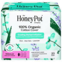 The Honey Pot Company 100% Organic Cotton Cover Cooling Herbal Infusion Regular Pads with Wings, 20 Each
