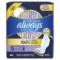 Always Ultra Thin Overnight Pads, Size 5, Extra Heavy, Unscented, 46 Each