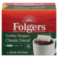 Folgers Coffee Singles Coffee, Medium, Classic Decaf, Bags, 3 Ounce