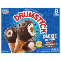 Drumstick Frozen Dairy Dessert Cones, Vanilla Fudge/Vanilla Caramel/Vanilla, Cookie Dipped, 8 Each