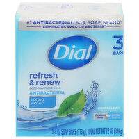 Dial Refresh & Renew Deodorant Bar Soap, Antibacterial, Spring Water Scent, 3 Each