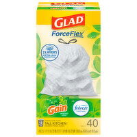 Glad ForceFlex Bags, Drawstring, Kitchen, Gain Original Scent with Febreze Freshness, 13 Gallon, Tall, 40 Each