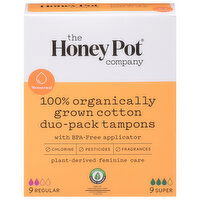 The Honey Pot Company Tampons, 100% Organic, Regular/Super, Duo-Pack, 18 Each