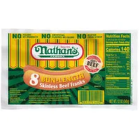 Nathan's Famous Skinless All Beef Franks, Bun Length, 12 Ounce