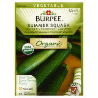 Burpee Seeds, Organic, Summer Squash, Burpee's Fordhook Zucchini, 2.5 Gram