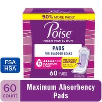 Poise Fresh Protection Poise Incontinence Pads For Women, Maximum Absorbency, Long, 60Ct, 64 Each