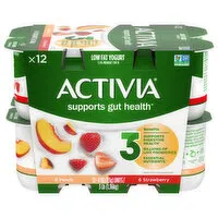 Activia Yogurt, Low Fat, Peach, Strawberry, 12 Each