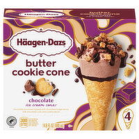 Haagen-Dazs Ice Cream Cones, Chocolate, Butter Cookie Cone, 4 Each