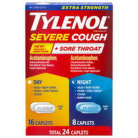 Tylenol Severe Cough + Sore Throat, Extra Strength, Day/Night, Caplets, 24 Each