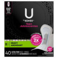 U by Kotex Ultra Thin Teen Heavy Pads + Wings, 40 Each
