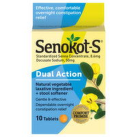 Senokot-S Laxative Ingredient + Stool Softener, Natural Vegetable, Dual Action, Tablets, 10 Each