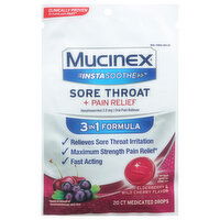 Mucinex InstaSoothe Sore Throat + Pain Relief, 3 in 1 Formula, Medicated Drops, Elderberry & Wild Cherry Flavor, 20 Each