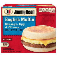 Jimmy Dean Sandwiches, Sausage, Egg & Cheese, English Muffin, 8 Each