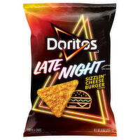 Doritos Tortilla Chips, Sizzlin' Cheese Burger Flavored, Late Night, 9 Ounce