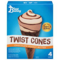 Blue Bunny Frozen Dairy Dessert, Chocolate Peanut Butter, Twist Cones, 4 Each