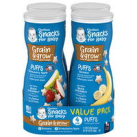 Gerber Snacks for Baby Puffs, Grain & Grow, Crawler (8+ months), Strawberry Apple, Banana, Value Pack, 4 Each