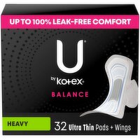 U by Kotex Balance Pads + Wings, Ultra Thin, Heavy, 32 Each