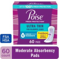 Poise Ultra Thin Moderate Size 4 Pads, 60 Each