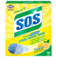 Clorox Steel Wool Pads, Soap Filled, Reusable, Lemon Fresh Scent, 10 Each