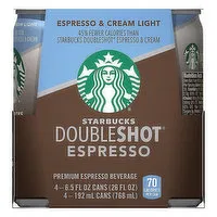 Starbucks Doubleshot Coffee Drink, Espresso And Cream, 4 Each