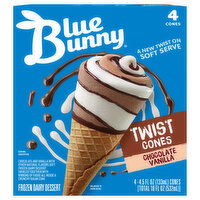 Blue Bunny Frozen Dairy Dessert, Chocolate Vanilla, Twist Cones, 4 Each