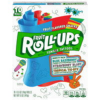 Fruit Roll-Ups Fruit Flavored Snacks, with Tongue-Tattoos, Strawberry Blast/Tropical Tie-Dye/Blue Razzberry, Variety Pack, 10 Each