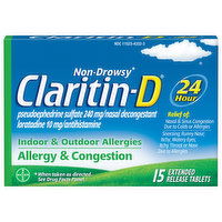 Claritin-D Allergy & Congestion, Indoor & Outdoor Allergies, 24 Hour, Extended Release Tablets, 15 Each