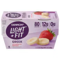 Dannon Light + Fit Yogurt, Fat Free, Greek, Strawberry Banana, 4 Each