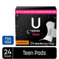 U By Kotex Teen Thin Feminine Pads with Wings, Overnight, Unscented, 24 Each
