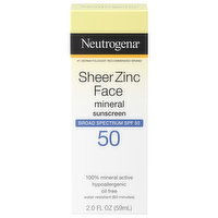 Neutrogena Sunscreen, Mineral, Face, Sheer Zinc, Broad Spectrum SPF 50, 2 Fluid ounce