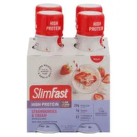 SlimFast Meal Replacement Shake, Strawberries & Cream, High Protein, 4 Each