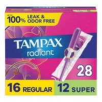 Tampax Radiant Tampax Radiant Tampons Multipack, with LeakGuard Braid, Regular/Super, 28 Count, 28 Each