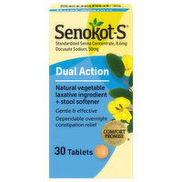 Senokot-S Laxative Ingredient + Stool Softener, Natural Vegetable, Dual Action, Tablets, 30 Each